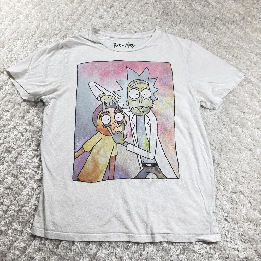 Rick and Morty Shirt Mens M White Tee Cartoon Network Adult Swim Streetwear